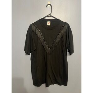 Women's Vintage Jerzees Black Western Sequin Fringe T-Shirt‎ SZ XL 90s 80s USA